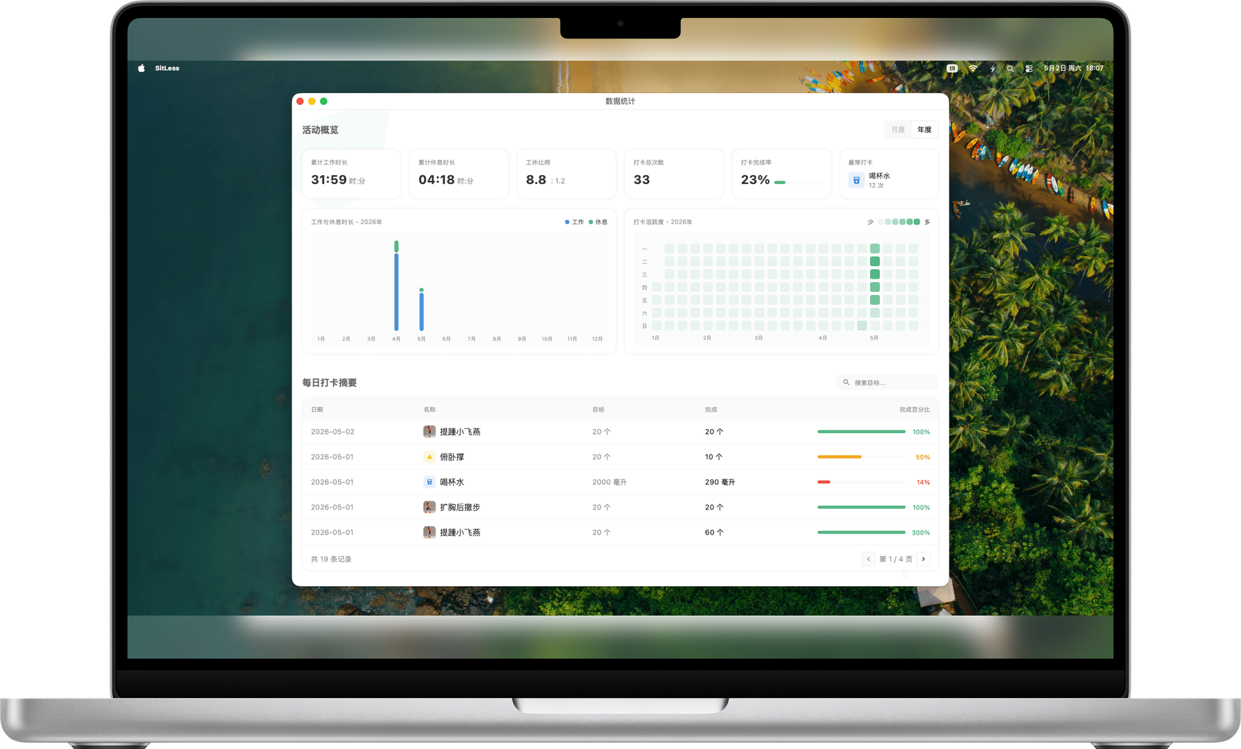 SitLess 统计记录在 MacBook 中的展示