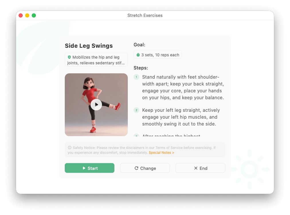 Standalone stretching exercise window