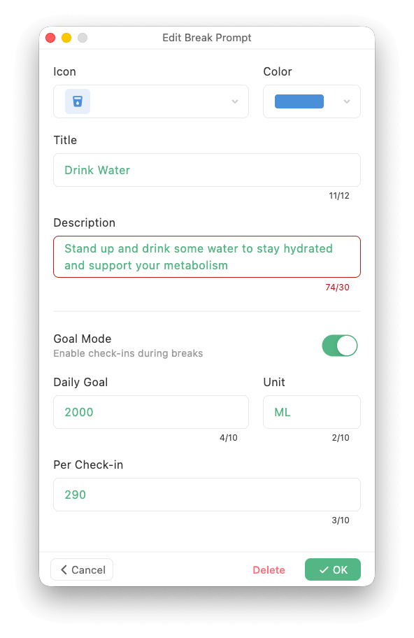 Goal Mode configuration screen screenshot